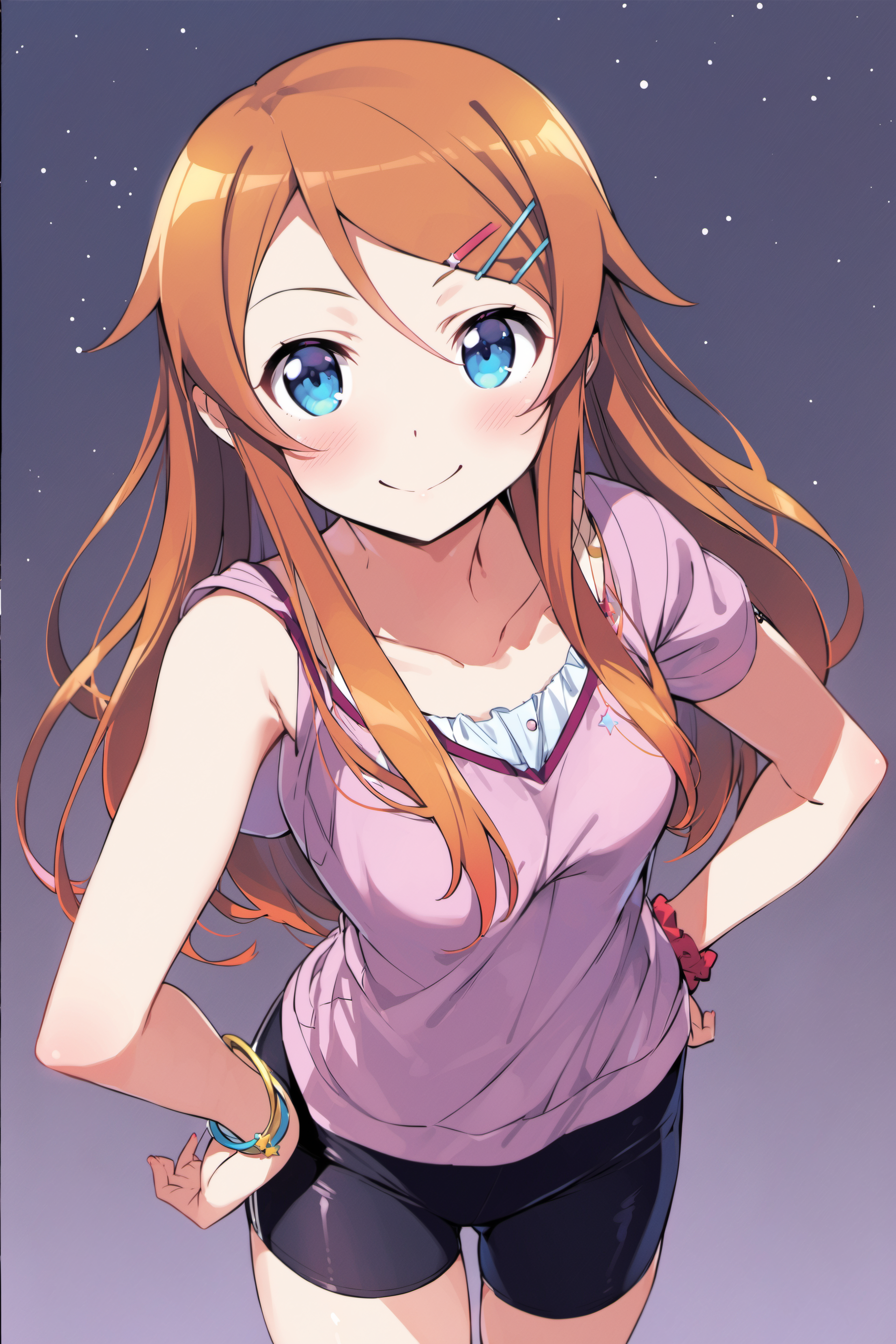 23241-3697218511-1girl, solo, long hair, kousaka kirino, hair ornament, blue eyes, smile, hand on hip, hairclip, shorts, jewelry, dress, orange h.png